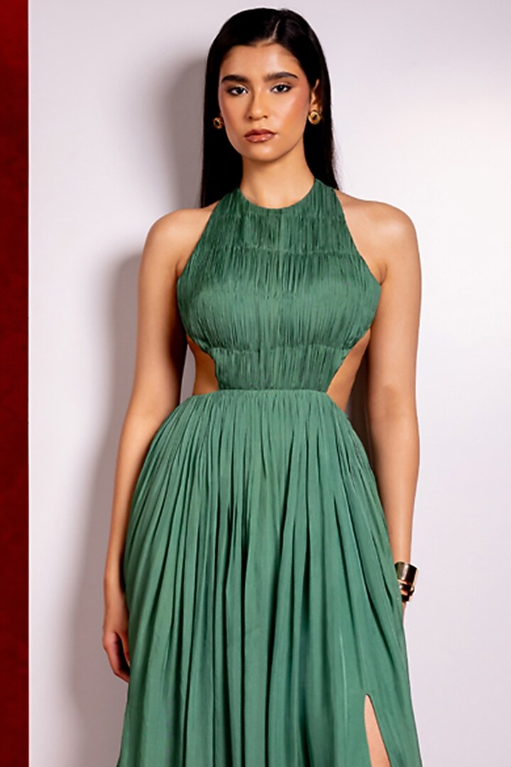 Olive Green Flat Chiffon Party Wear Gown by PINUP BY ASTHA at Pernia's Pop Up Shop