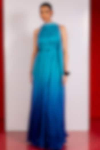 Turquoise Blue Flat Chiffon Gown by PINUP BY ASTHA at Pernia's Pop Up Shop