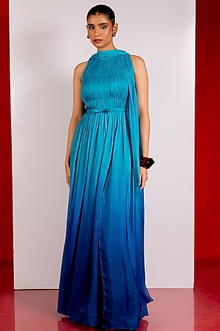 Turquoise Blue Flat Chiffon Gown by PINUP BY ASTHA