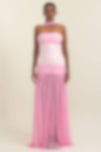 Pink Flat Chiffon Off-Shoulder Party Wear Gown by PINUP BY ASTHA at Pernia's Pop Up Shop