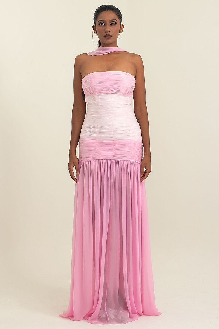 Pink Flat Chiffon Off-Shoulder Party Wear Gown by PINUP BY ASTHA at Pernia's Pop Up Shop