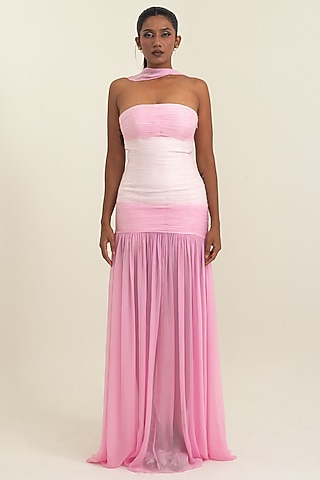 Pink Flat Chiffon Off-Shoulder Gown by PINUP BY ASTHA