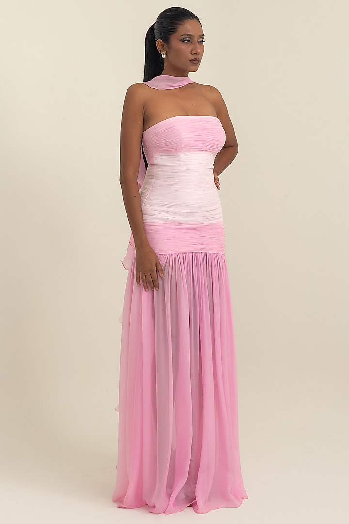 Pink Flat Chiffon Off-Shoulder Party Wear Gown by PINUP BY ASTHA at Pernia's Pop Up Shop