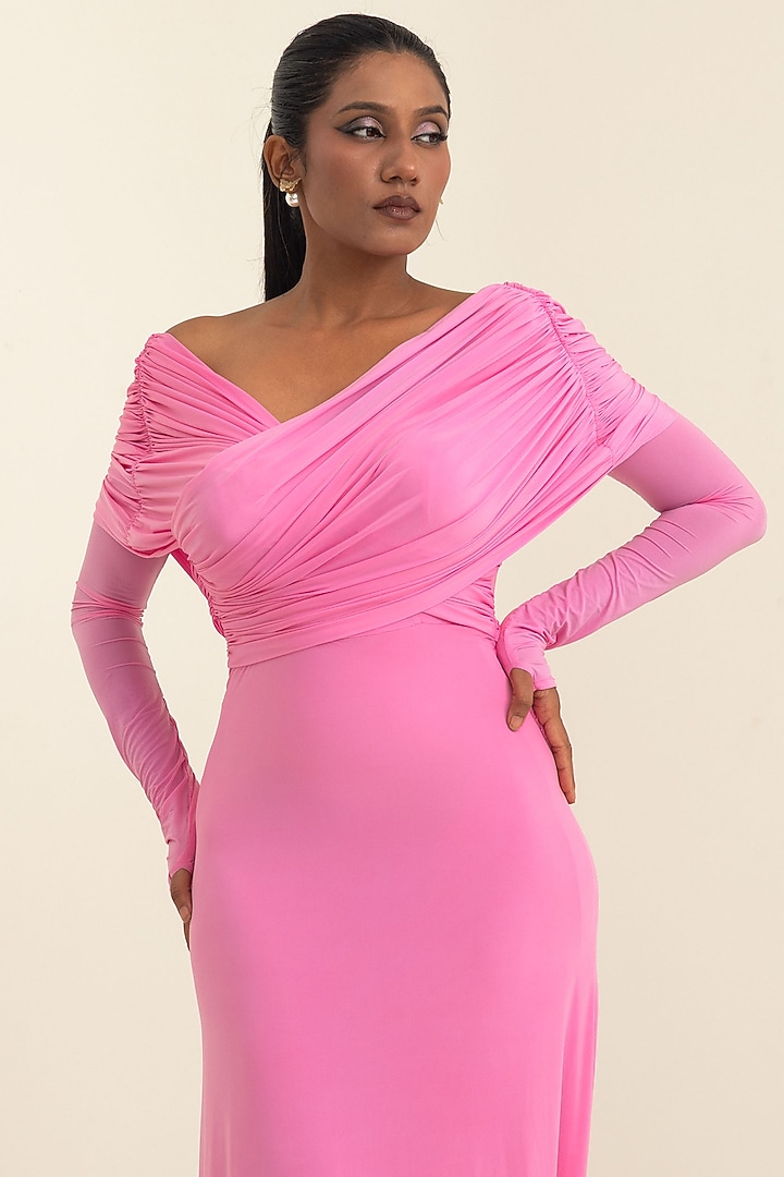Pink Malai Lycra Off-Shoulder Party Wear Gown by PINUP BY ASTHA at Pernia's Pop Up Shop