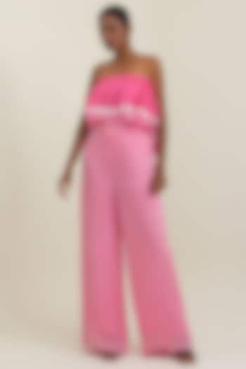 Pink Satin Georgette Off-Shoulder Jumpsuit by PINUP BY ASTHA at Pernia's Pop Up Shop