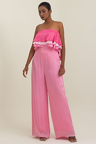 Pink Satin Georgette Off-Shoulder Jumpsuit by PINUP BY ASTHA