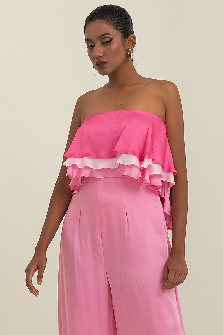 Pink Satin Georgette Off-Shoulder Jumpsuit by PINUP BY ASTHA at Pernia's Pop Up Shop