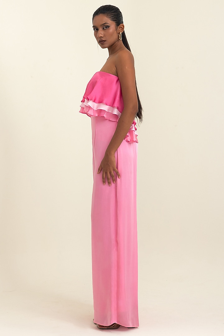 Pink Satin Georgette Off-Shoulder Jumpsuit by PINUP BY ASTHA at Pernia's Pop Up Shop
