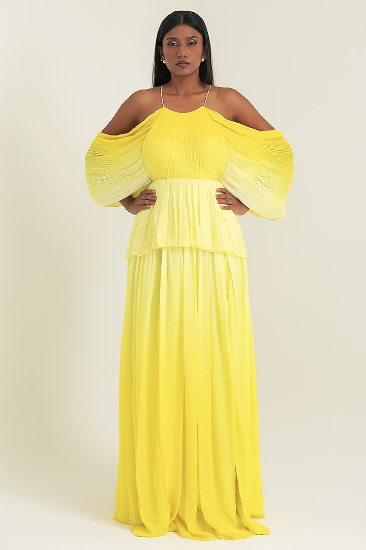 Yellow Flat Chiffon Party Wear Gown by PINUP BY ASTHA at Pernia's Pop Up Shop