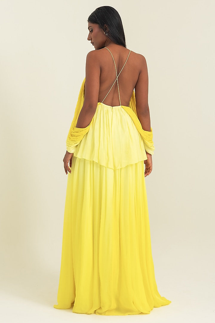 Yellow Flat Chiffon Party Wear Gown by PINUP BY ASTHA at Pernia's Pop Up Shop