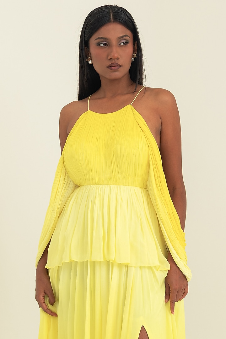 Yellow Flat Chiffon Party Wear Gown by PINUP BY ASTHA at Pernia's Pop Up Shop