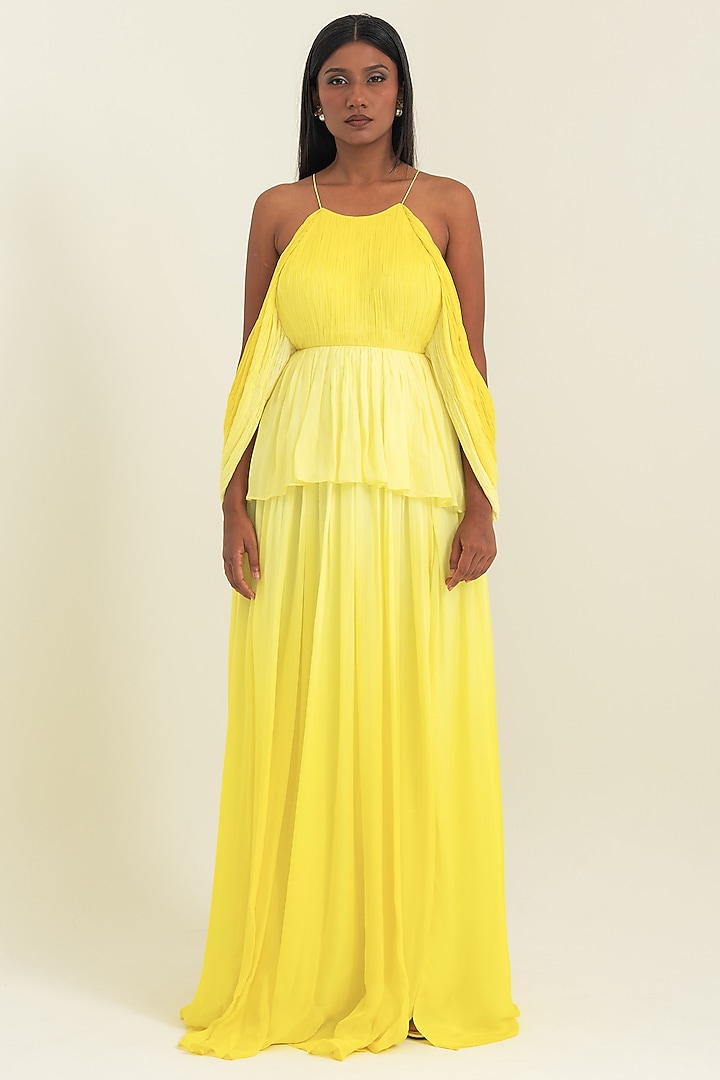Yellow Flat Chiffon Party Wear Gown by PINUP BY ASTHA at Pernia's Pop Up Shop