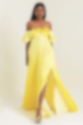 Yellow Satin Georgette Engagement Gown by PINUP BY ASTHA at Pernia's Pop Up Shop