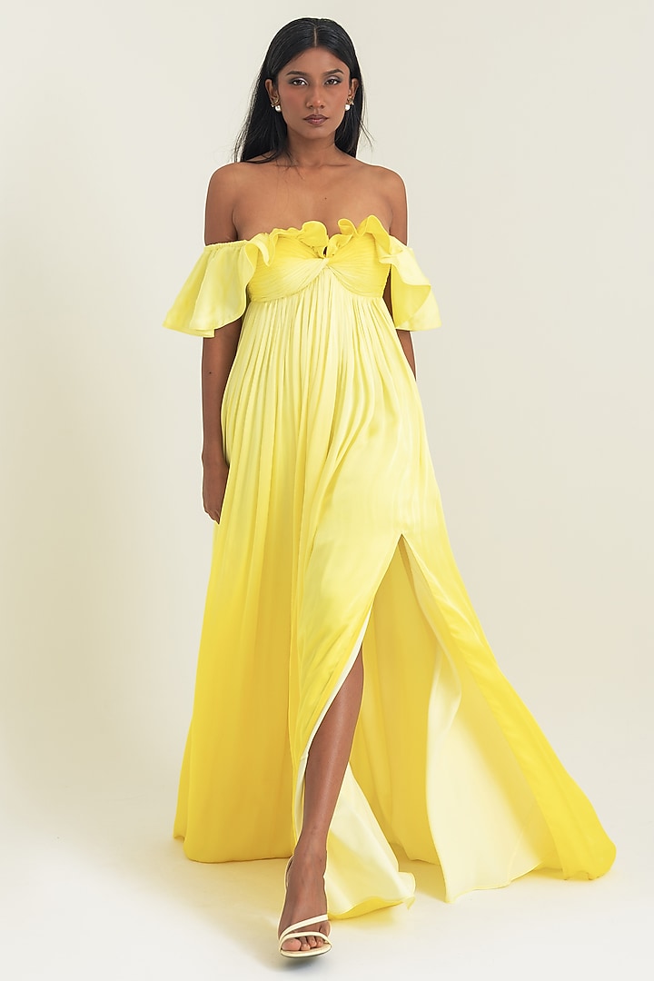 Yellow Satin Georgette Engagement Gown by PINUP BY ASTHA at Pernia's Pop Up Shop