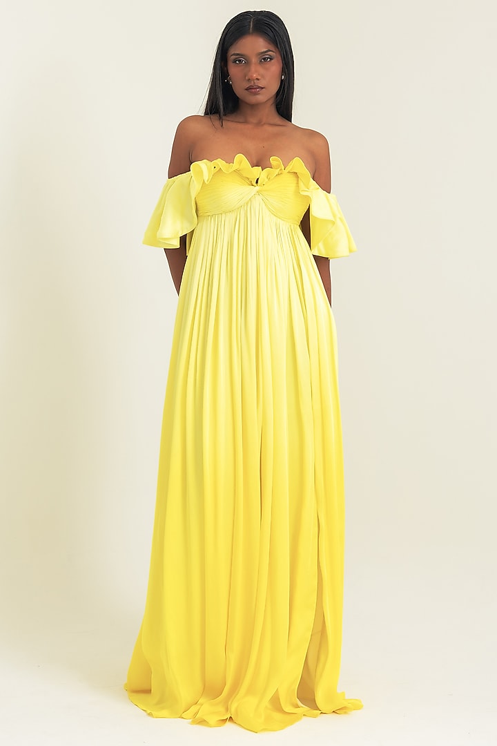 Yellow Satin Georgette Engagement Gown by PINUP BY ASTHA at Pernia's Pop Up Shop