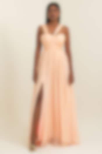Soft Peach Flat Chiffon Engagement Gown by PINUP BY ASTHA at Pernia's Pop Up Shop