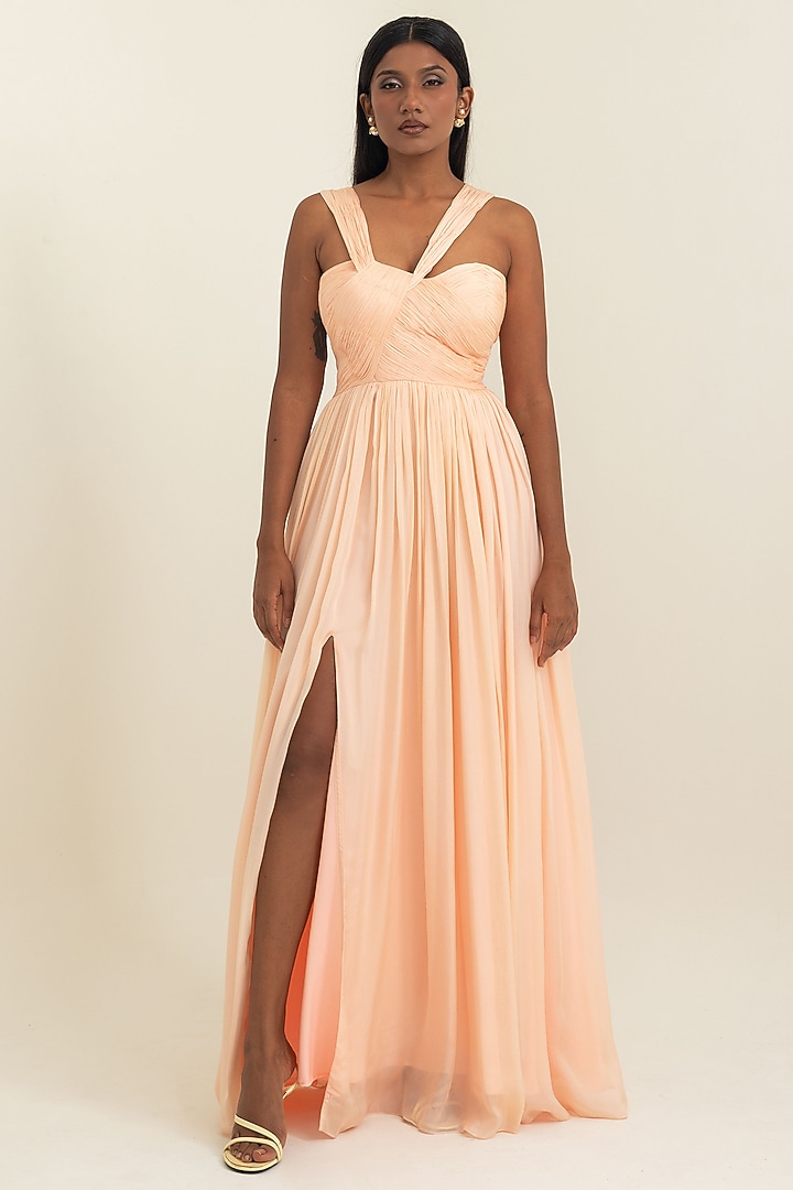 Soft Peach Flat Chiffon Engagement Gown by PINUP BY ASTHA at Pernia's Pop Up Shop