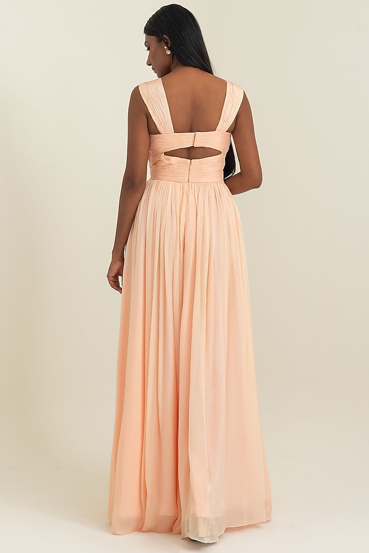 Soft Peach Flat Chiffon Engagement Gown by PINUP BY ASTHA at Pernia's Pop Up Shop
