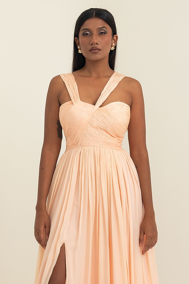 Soft Peach Flat Chiffon Engagement Gown by PINUP BY ASTHA at Pernia's Pop Up Shop
