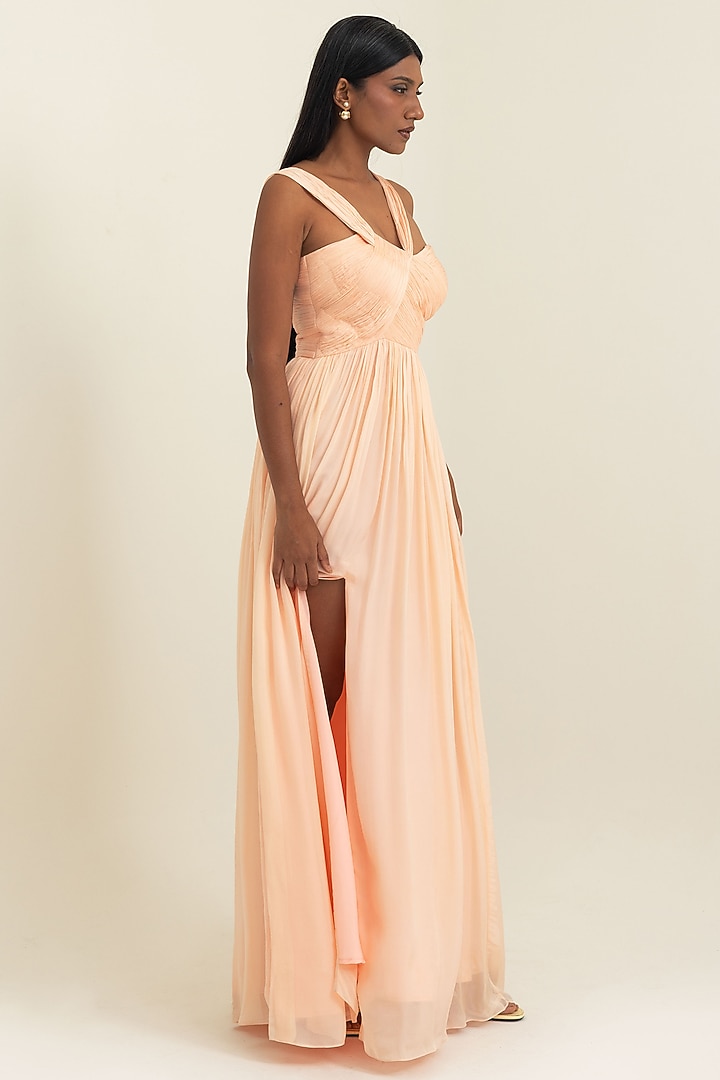 Soft Peach Flat Chiffon Engagement Gown by PINUP BY ASTHA at Pernia's Pop Up Shop