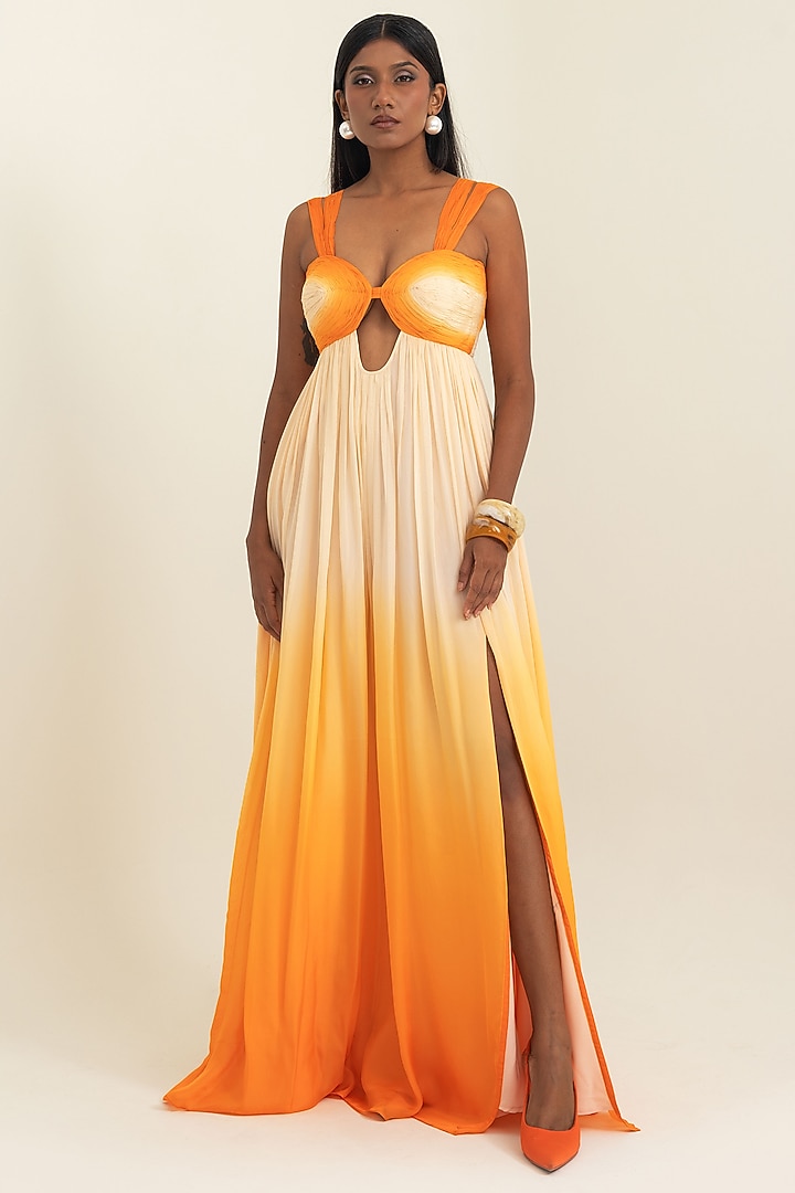 Orange Flat Chiffon Ombre Party Wear Gown by PINUP BY ASTHA at Pernia's Pop Up Shop