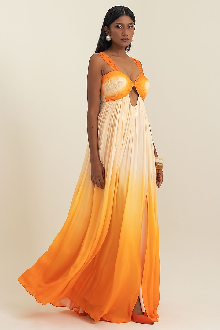Orange Flat Chiffon Ombre Party Wear Gown by PINUP BY ASTHA at Pernia's Pop Up Shop