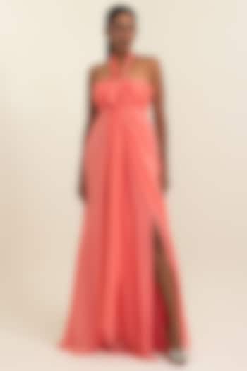 Coral Flat Chiffon Party Wear Gown by PINUP BY ASTHA at Pernia's Pop Up Shop