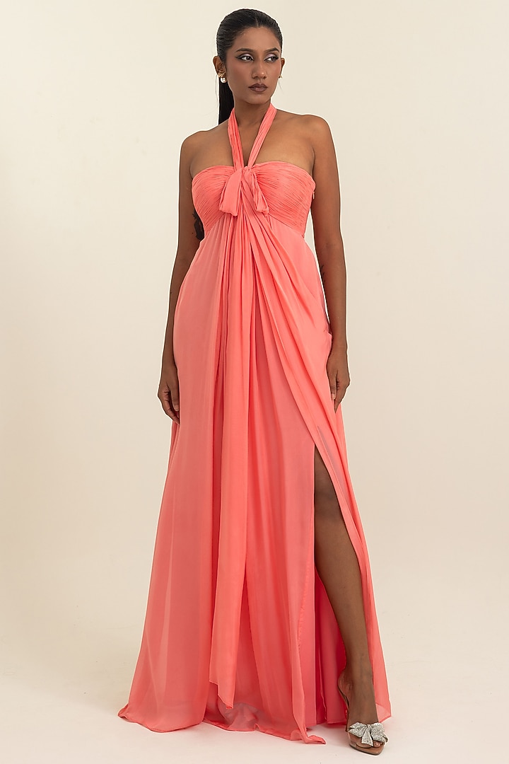 Coral Flat Chiffon Party Wear Gown by PINUP BY ASTHA at Pernia's Pop Up Shop