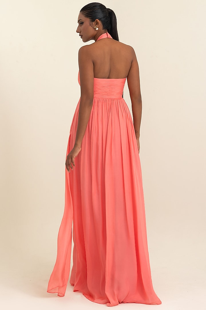 Coral Flat Chiffon Party Wear Gown by PINUP BY ASTHA at Pernia's Pop Up Shop