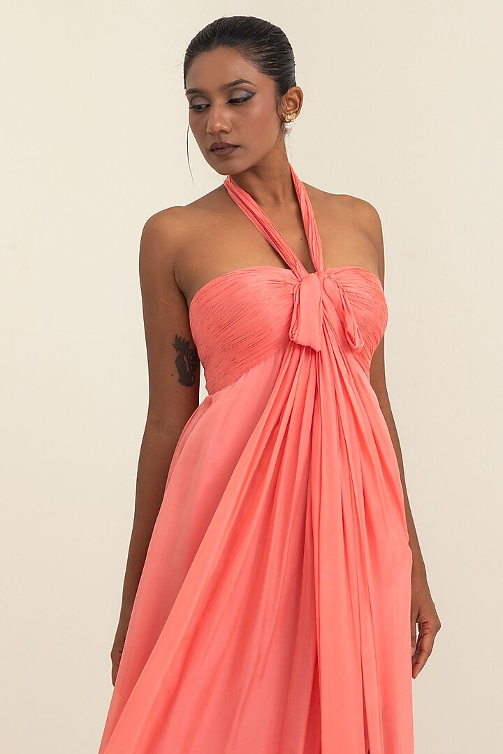 Coral Flat Chiffon Party Wear Gown by PINUP BY ASTHA at Pernia's Pop Up Shop