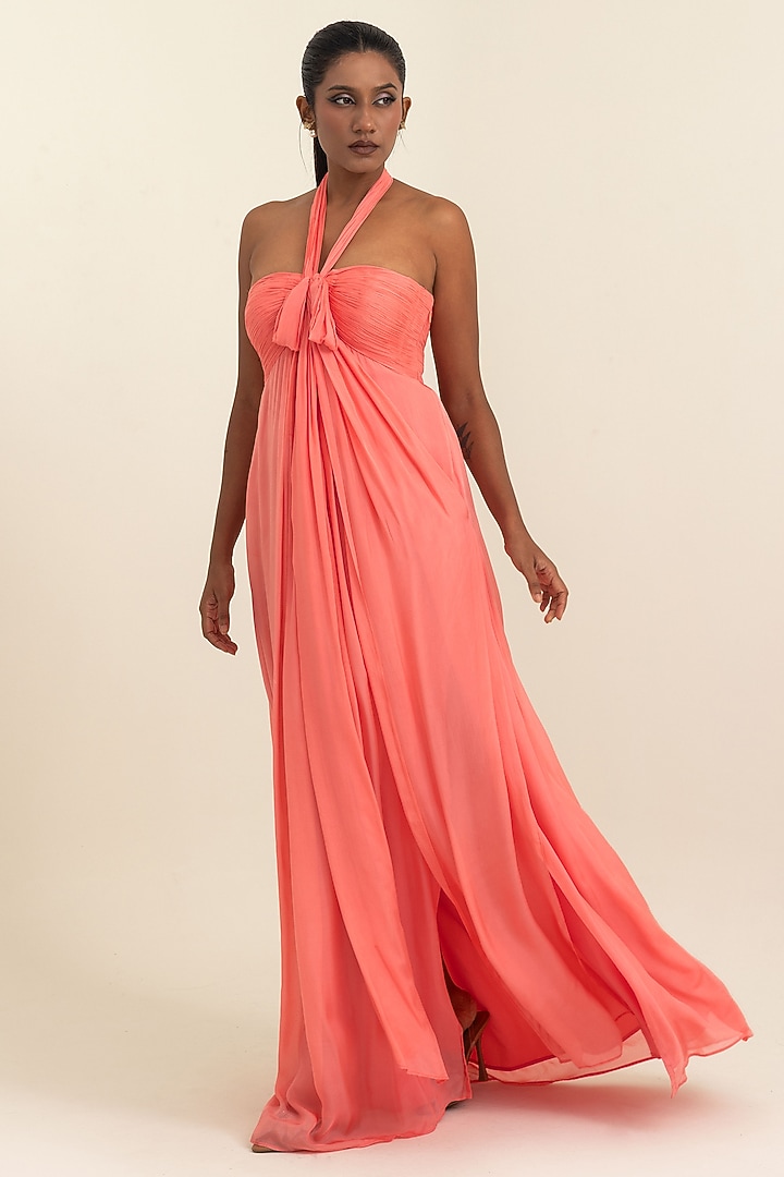 Coral Flat Chiffon Party Wear Gown by PINUP BY ASTHA at Pernia's Pop Up Shop