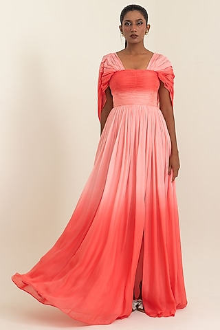 Coral Flat Chiffon Gown by PINUP BY ASTHA