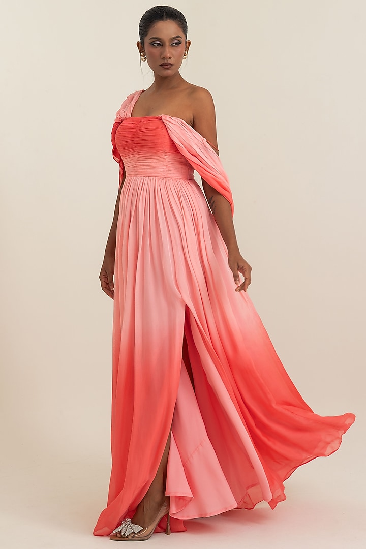 Coral Flat Chiffon Engagement Gown by PINUP BY ASTHA at Pernia's Pop Up Shop