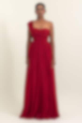 Red Flat Chiffon Party Wear Gown by PINUP BY ASTHA at Pernia's Pop Up Shop