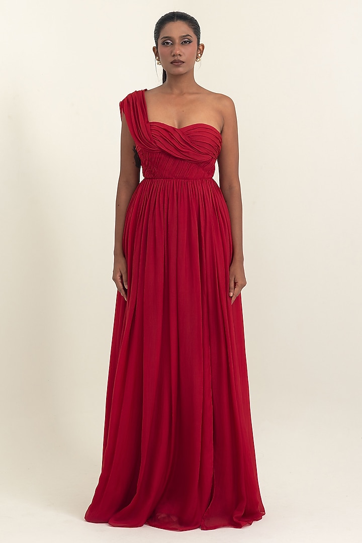 Red Flat Chiffon Party Wear Gown by PINUP BY ASTHA at Pernia's Pop Up Shop