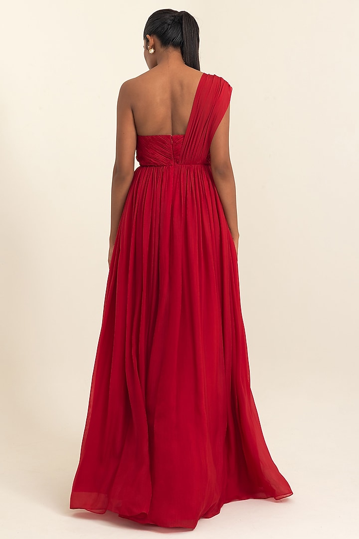 Red Flat Chiffon Party Wear Gown by PINUP BY ASTHA at Pernia's Pop Up Shop