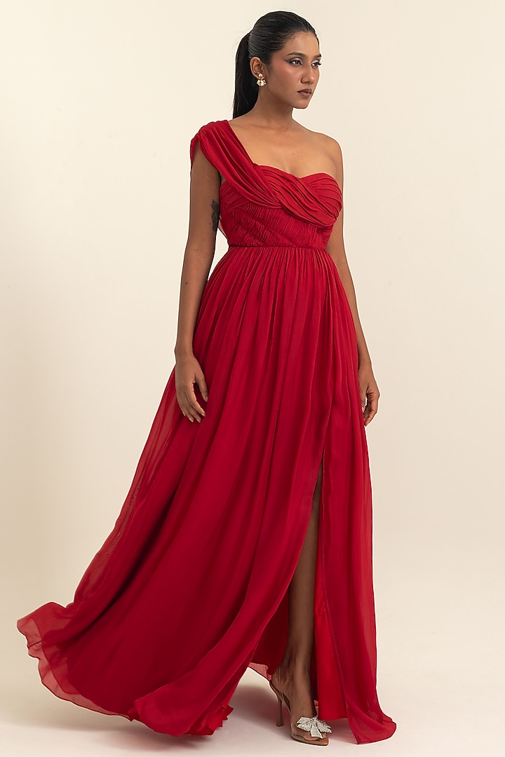 Red Flat Chiffon Party Wear Gown by PINUP BY ASTHA at Pernia's Pop Up Shop
