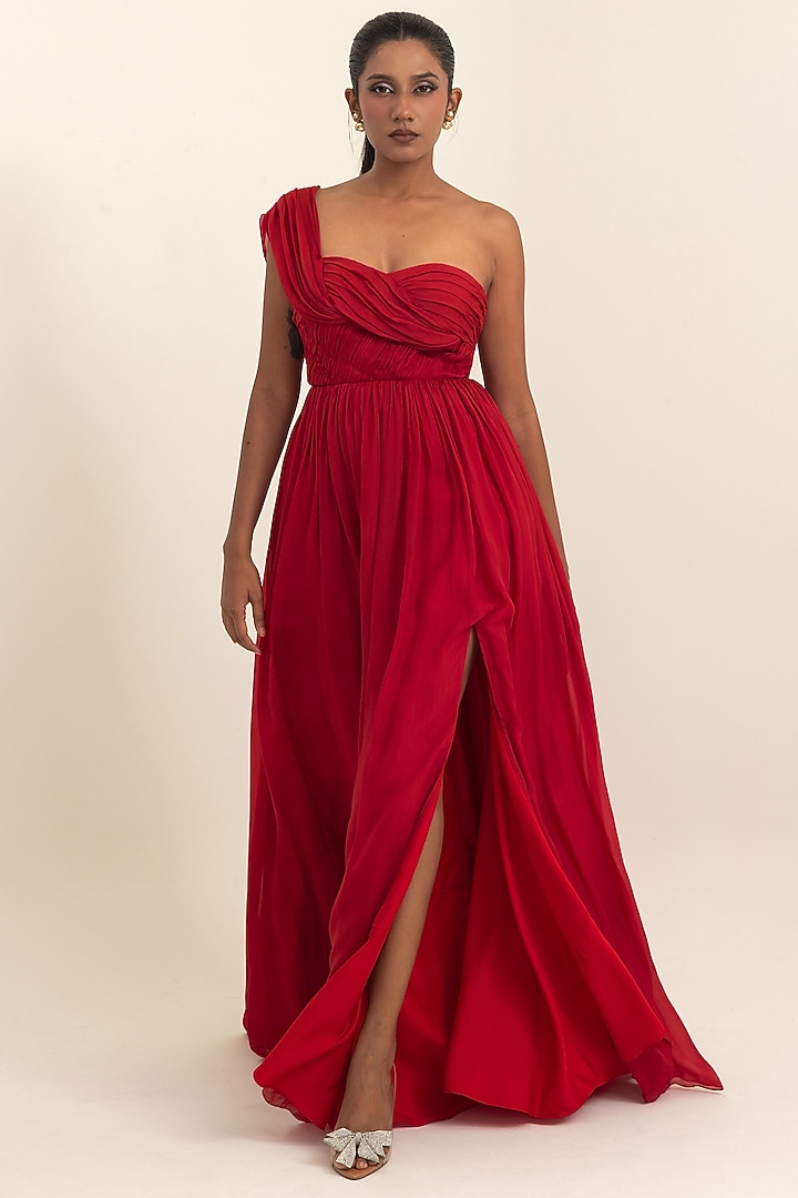 Red Flat Chiffon Party Wear Gown by PINUP BY ASTHA at Pernia's Pop Up Shop