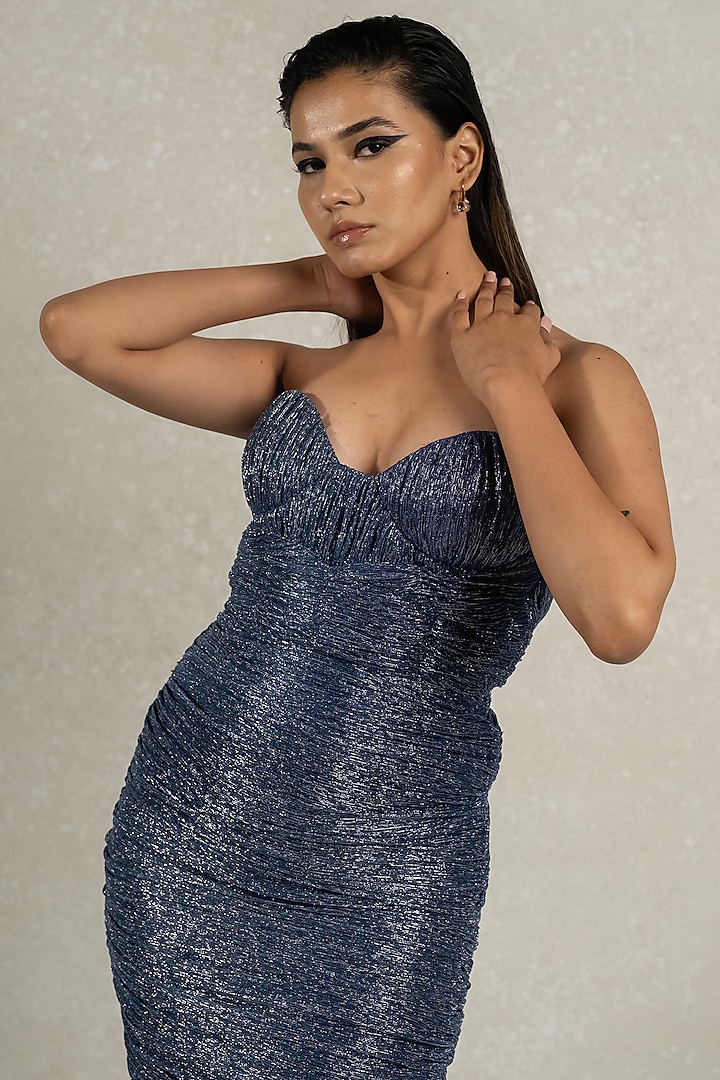 Metallic Blue Imported Crepe Ruched Off-Shoulder Party Wear Gown by PINUP BY ASTHA at Pernia's Pop Up Shop