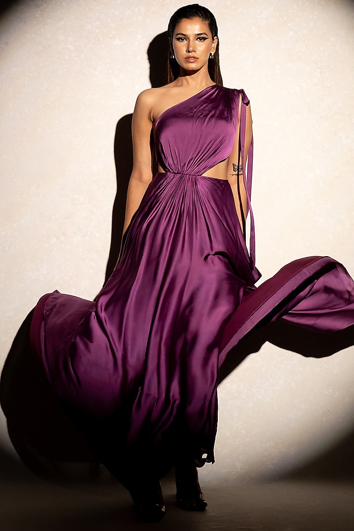 Purple Satin Georgette Off-Shoulder Gown by PINUP BY ASTHA