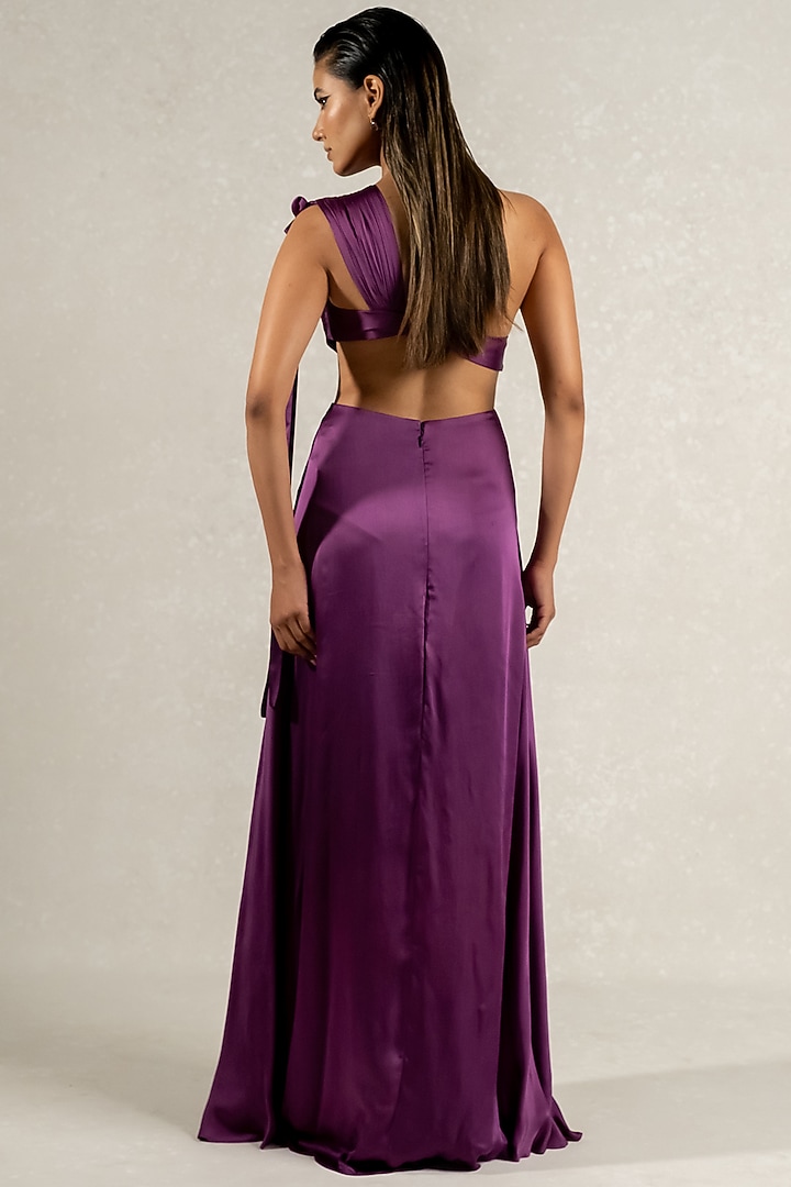 Purple Satin Georgette Off-Shoulder Party Wear Gown by PINUP BY ASTHA at Pernia's Pop Up Shop