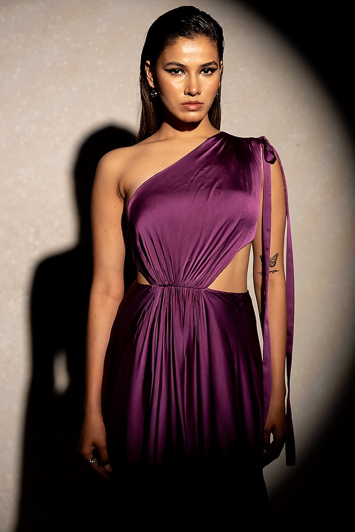 Purple Satin Georgette Off-Shoulder Party Wear Gown by PINUP BY ASTHA at Pernia's Pop Up Shop