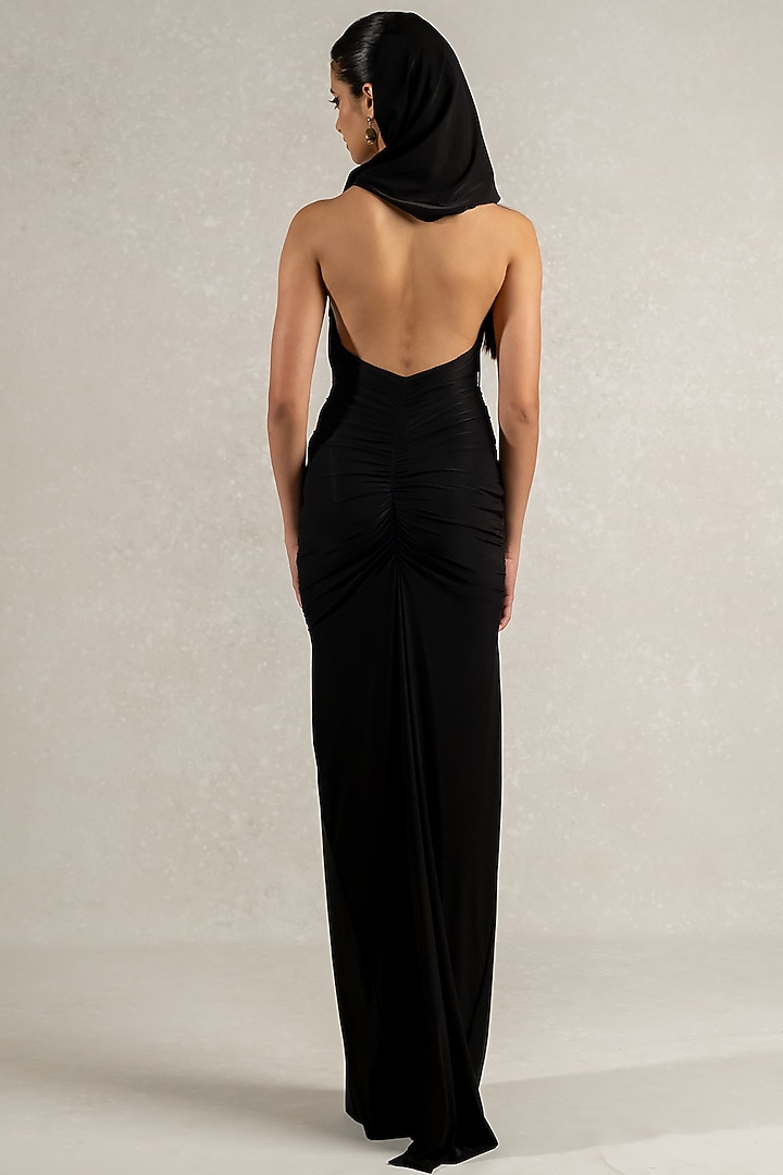 Black Malai Lycra, Stretch Tulle Hood Party Wear Gown by PINUP BY ASTHA at Pernia's Pop Up Shop