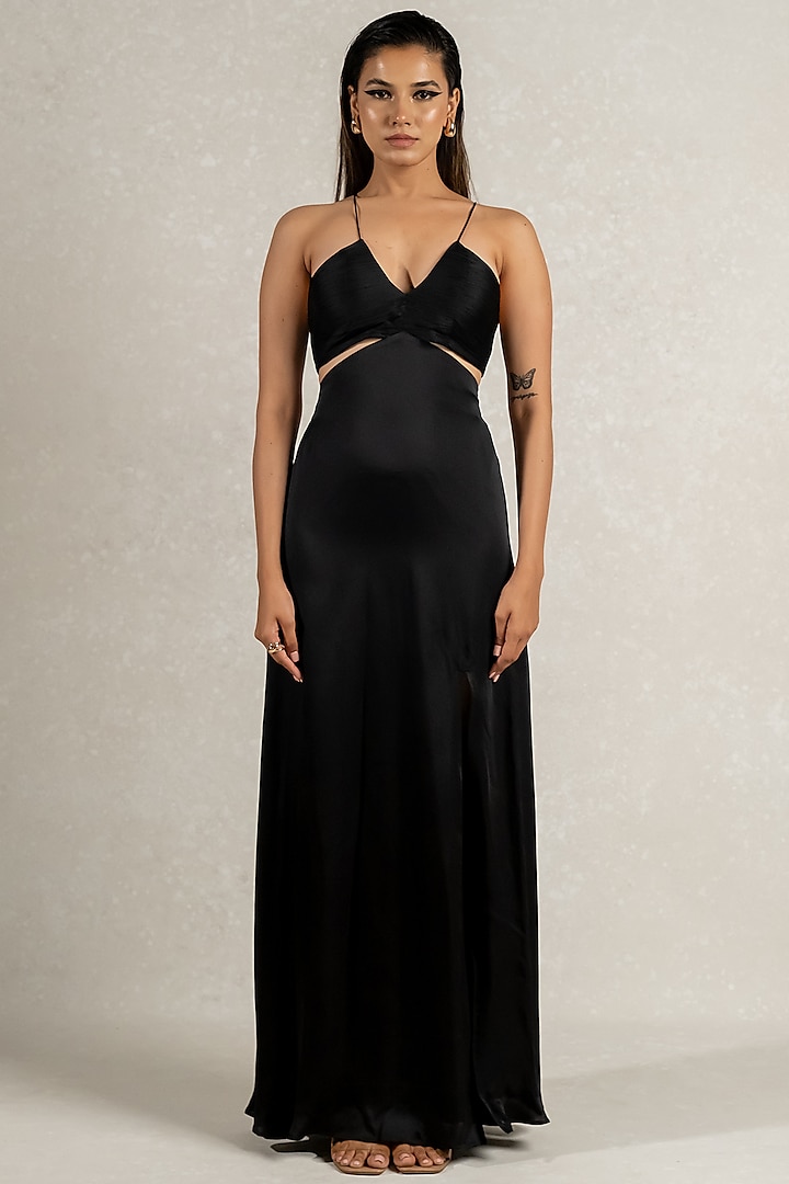 Black Satin Georgette Draped Gown by PINUP BY ASTHA