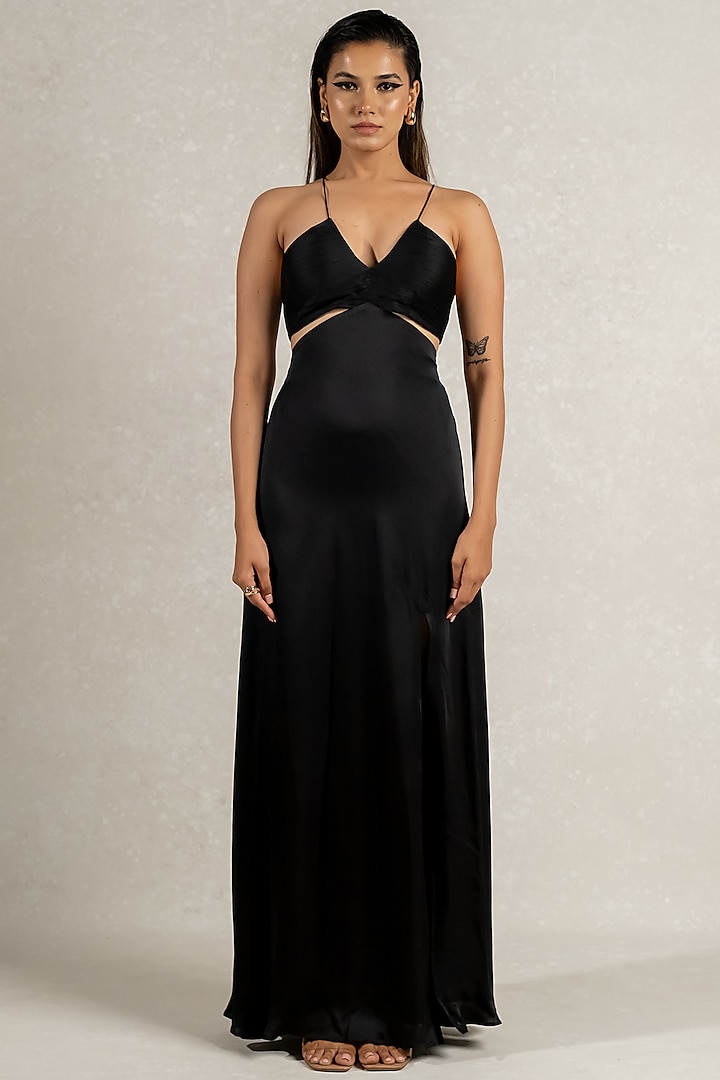 Black Satin Georgette Draped Gown by PINUP BY ASTHA at Pernia's Pop Up Shop