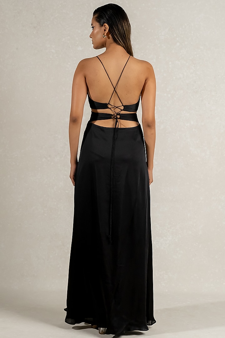 Black Satin Georgette Draped Party Wear Gown by PINUP BY ASTHA at Pernia's Pop Up Shop