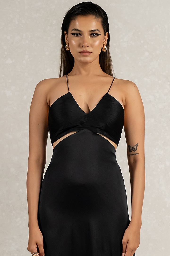 Black Satin Georgette Draped Party Wear Gown by PINUP BY ASTHA at Pernia's Pop Up Shop