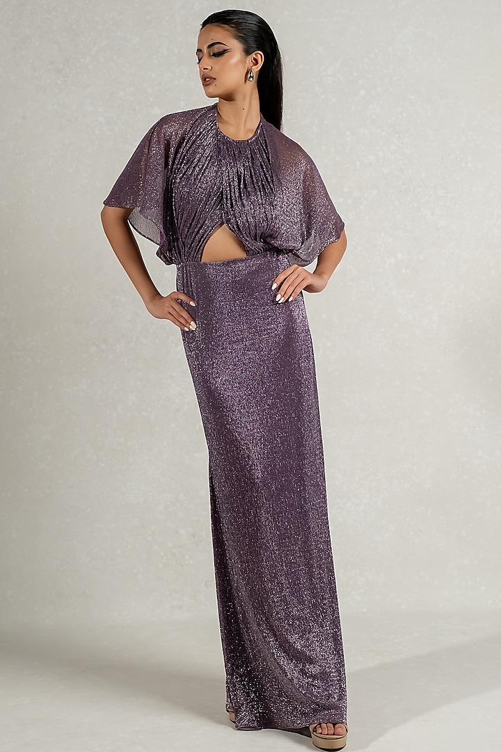 Metallic Purple Imported Shimmer Cape Gown by PINUP BY ASTHA