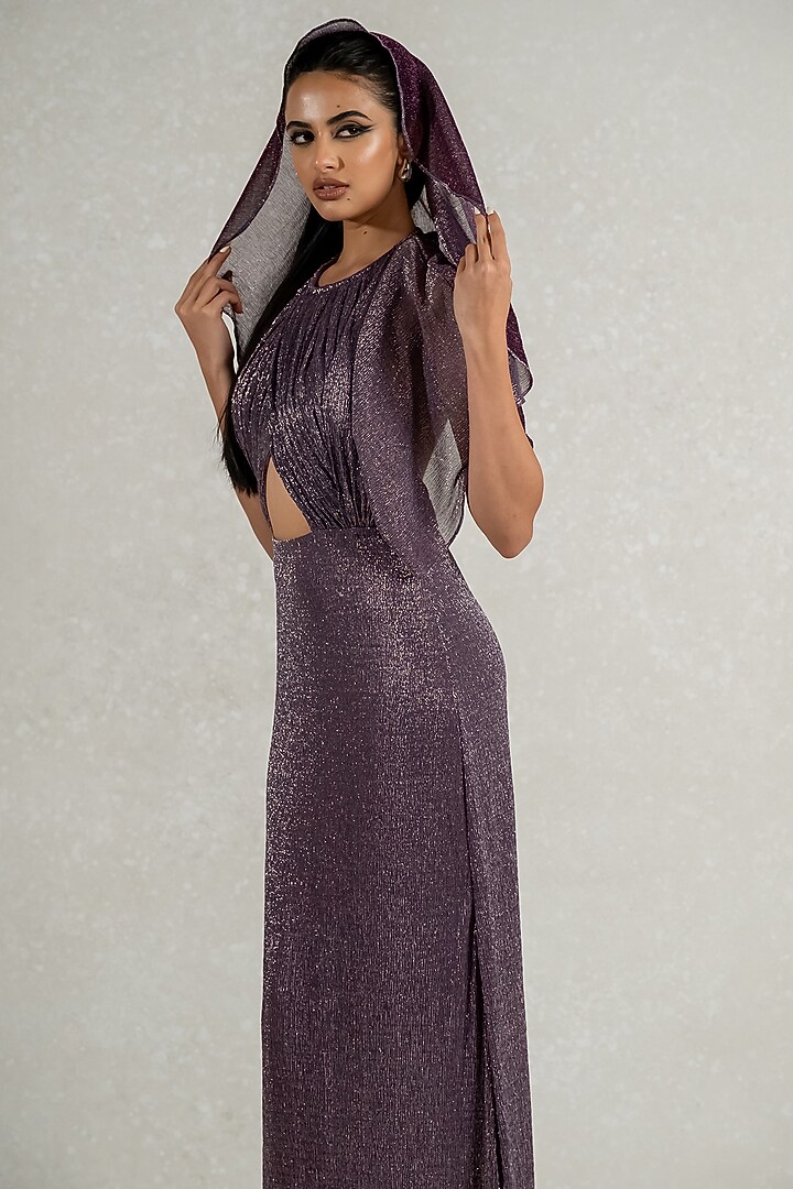 Metallic Purple Imported Shimmer Cape Party Wear Gown by PINUP BY ASTHA at Pernia's Pop Up Shop