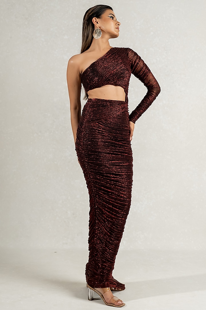 Metallic Red Imported Shimmer Ruched Gown by PINUP BY ASTHA at Pernia's Pop Up Shop